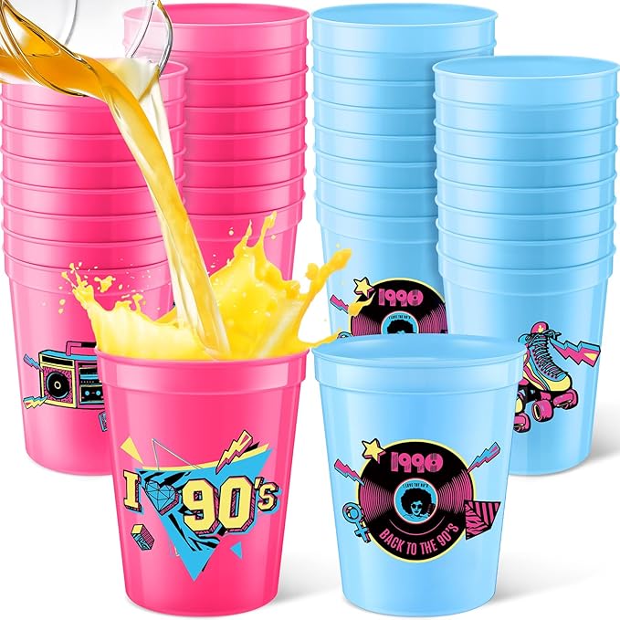 24 Pcs 90s Theme Cups 16 oz Reusable Thick Retro Disco Party Plastic Drinking Cup Rose Red and Blue Retro Music Throwback Dance Party Decorations Birthday Supplies