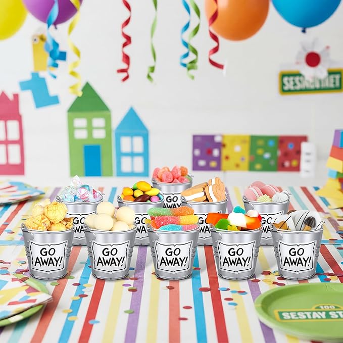 24 Set Street Theme Party Supplies Cartoon Party Mini Buckets with Go Away Stickers Funny Treat Pails Cookie Candy Holders Street Birthday Decors for Birthday Baby Shower Classroom Favors