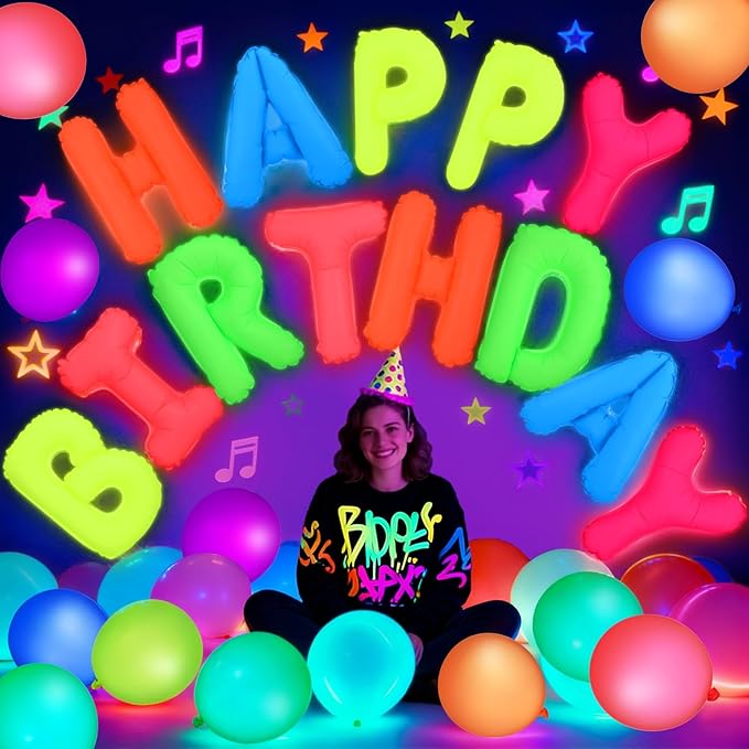 43 Pcs Neon Birthday Party Decorations Glow in The Dark Party Supplies Happy Birthday Neon Decorations Glow in The Dark Balloons Neons Fluorescent Balloons for Birthdays Wedding Decor