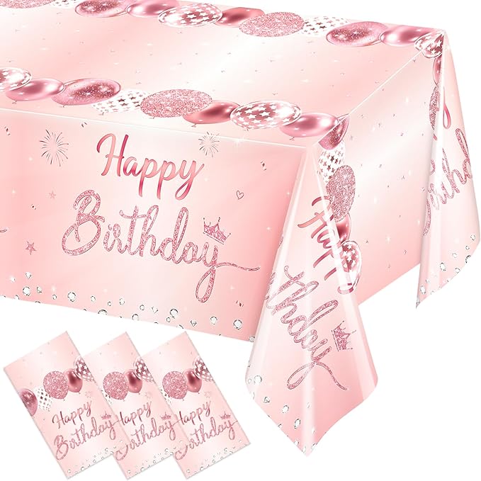 WNINK 3 Pack Pink & Rose Gold Happy Birthday Tablecloths, Disposable Plastic Rectangular Table Covers for 6th 21st 30th 40th 50th Women Girls Birthday Party 54 x 108 Inches