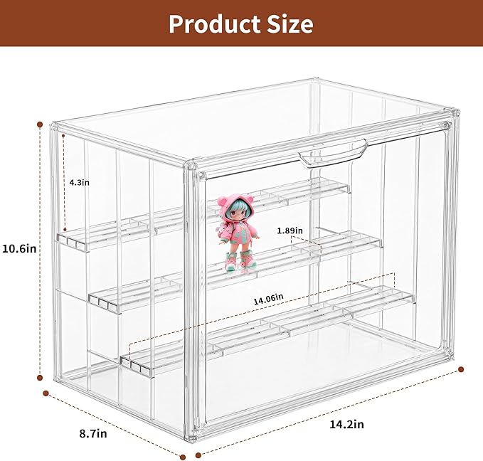 Clear Acrylic Display Case Upgrade 4 Tier Figure Display Cases with 3 Movable Dividers, Stackable Display Box Showcase with Magnetic Door for Collectibles (Large-1pack)
