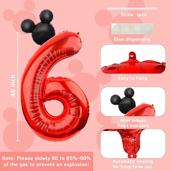 Mouse Number 6 Balloon 40 Inch Red Number 6 Balloon Mini Mouse Head Balloon for 6th Birthday Party, Black Red Large Number 6 Foil Balloon for Baby Shower Anniversary Supplies Decorations