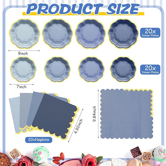 Vesici 60 Pcs Dusty Blue Party Plates with Napkins 9 Inch 7 Inch Paper Plates and Disposable Napkins with Gold Foil Border for Bridal Baby Shower Tea Birthday Wedding Party Supplies