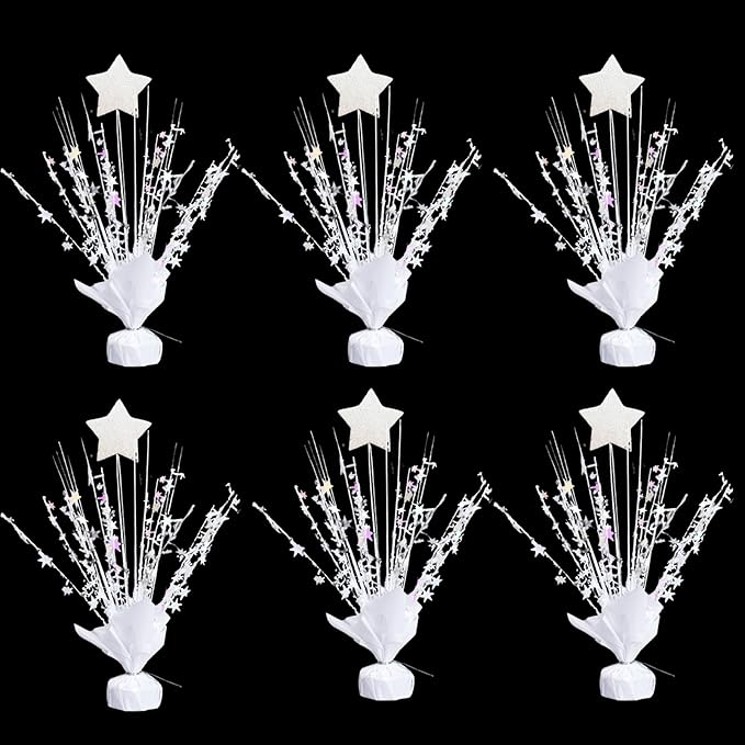 6 Pack Metallic Foil Spray Centerpiece Star Table Decoration Burst Table Centerpieces for Birthday Wedding Anniversary Graduation Holiday Party Supplies Decor (White Star)