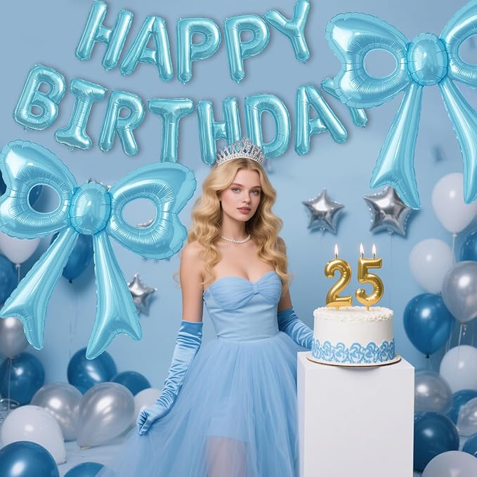 4 Pcs Blue Bow Balloons, 31”Huge Bow Aluminum Foil Balloons for Birthday, Baby Shower, Wedding, Bridal, Engagement, Bachelorette, Princess, Coquette Party Decorations Supplies