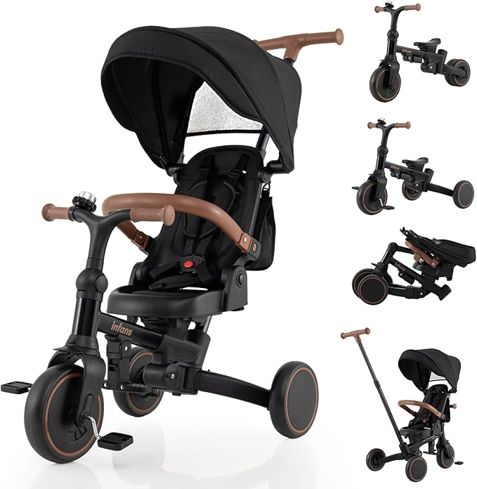 INFANS 9-in-1 Foldable Toddlers Tricycle, Converts Stroller to Balance Bike with Adjustable Push Handle, Canopy & Backrest, Pedal Conversion, Retractable Rear Wheels for 1-6 Years (Black)