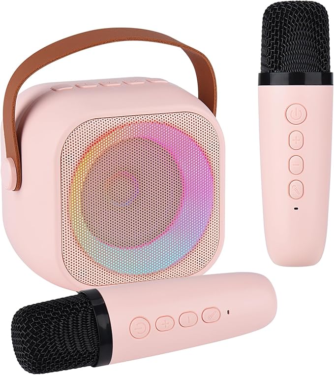 Karaoke Machine for Kids Adults, Mini Portable Bluetooth Karaoke Speaker with 2 Wireless Microphone and Lights,Toys for All Smartphones,Birthday, Family,Home Party Pink