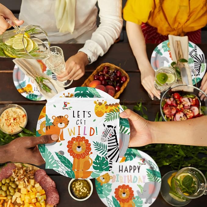 Safari Birthday Party Supplies Jungle Disposable Paper Plates Napkins Cups Tablecloth and Banner for Safari Jungle Theme Birthday Decorations, Serve 25