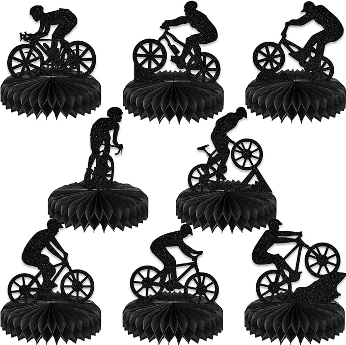 8Pcs Bike Honeycomb Centerpiece Bicycle Birthday Table Decoration Mountain Bike Birthday Party Decoration Sport Theme Birthday Bachelorette Party Supplies Double-Side Black Glitter