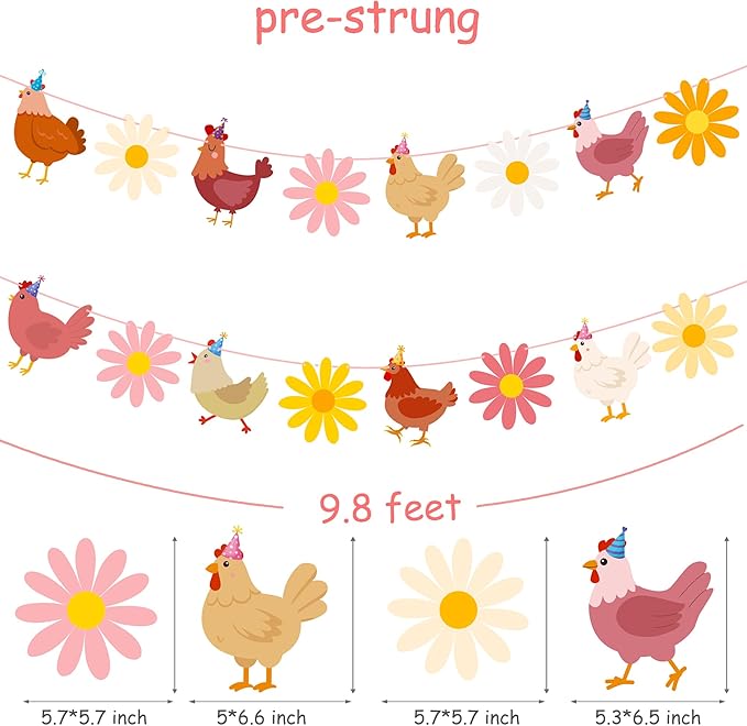 Chicken and Daisy Banners Chicken Birthday Party Decorations 2PCS Chick Hen Boho Flower Cutout Banner Farm Theme Decor for The Chick is One Birthday Party Supplies