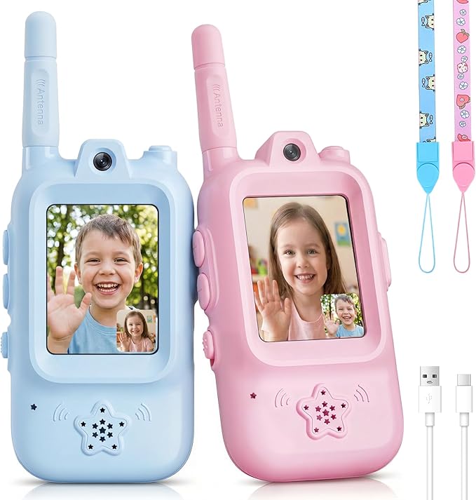 Walkie Talkies for Kids with Real-Time Video Chat, 2 Pack Rechargeable Two-Way Radios, Long Range & Voice Changer, Indoor Outdoor Adventure Toys for Boys Girls Age 3-12 (Cloud Blue & Sakura Pink)