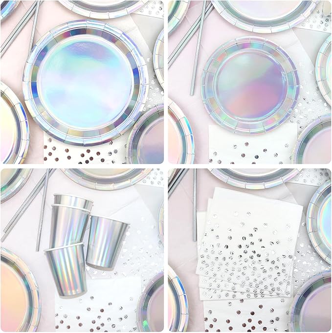 161Pack Iridescent Party Supplies, Holographic Party Tableware - Iridescent Cup Straws Napkins Forks Knives Spoons Iridescent Foil Tablecloths for Birthday Disco Wedding 80s Party, Serves 20 (20 Set)