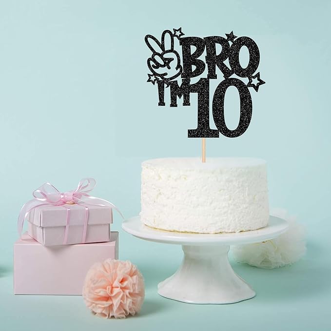 1 PCS Brother I'm 10 Cake Topper Glitter Star Happy 10th Birthday Cake Pick Bro I'm 10 Cake Decoration It's My 10th Birthday Decorations for Boys Cheers to 10 Years Old Birthday Party Supplies Black