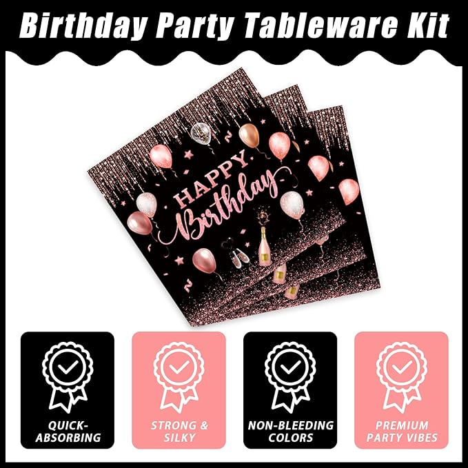 96 Pcs Rose Gold Birthday Plates and Napkins Party Supplies for Women Paper Pink Girls Glitter Happy Birthday Party Disposable Tableware Set Decorations Favors, Serves 24