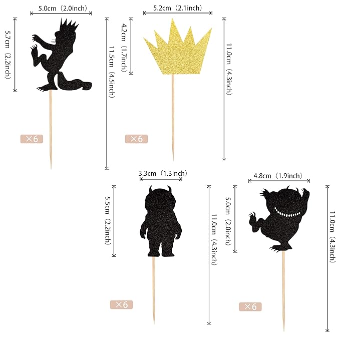 24 PCS Glitter Where The Wild Things Are Inspired Cupcake Toppers Wild one Crown Cupcake Picks Baby Shower Kids Birthday Party Cake Decorations Supplies