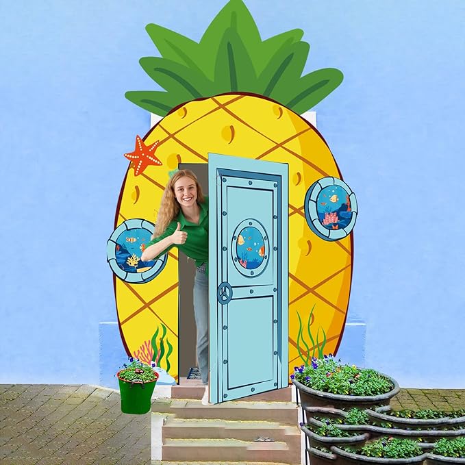 Pineapple Party Decorations Carton Sponge Birthday Porch Banner Backdrop Yellow Cartoon Party Supplies Door Decoration Banner Sea Animals Photo Booth Backdrop Hanging for Sponge Birthday Photo Props
