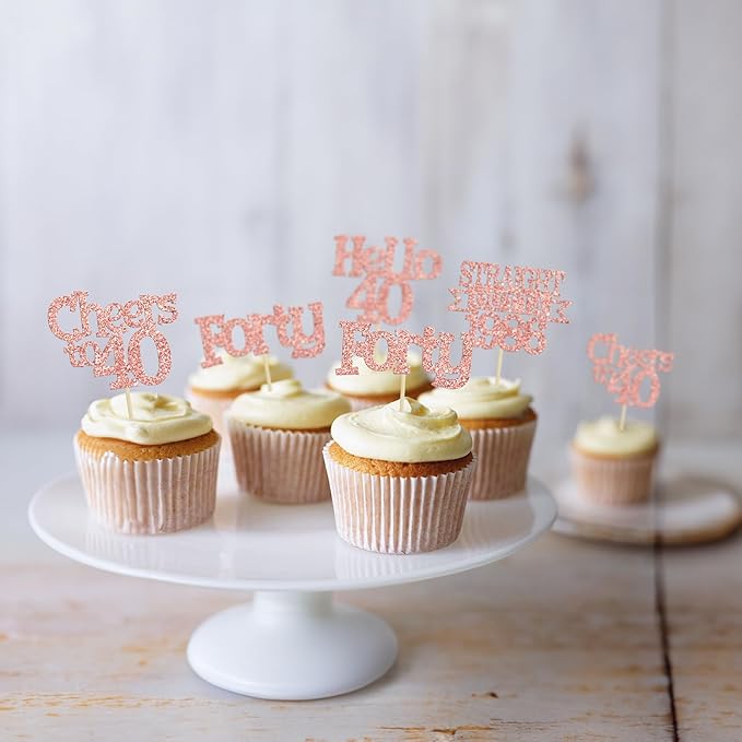 Ephlyn 24Pcs Happy 40th Birthday Cupcake Toppers Glitter Forty Cupcake Picks Hello 40 Cheers to 40 Years Birthday Cake Decorations for 40th Birthday Anniversary Party Supplies Rose Gold