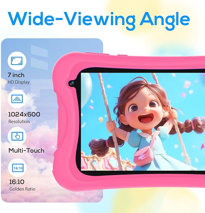 DigiLand 7 inch Kids Tablet, Quad-core CPU, 4GB+32GB+TF Expand,Dual Camera 2MP+5MP,Safety Eye Protection,Education,Tablet for Toddle with WiFi,Games,Parental Control APP,with Proof Case(Pink)