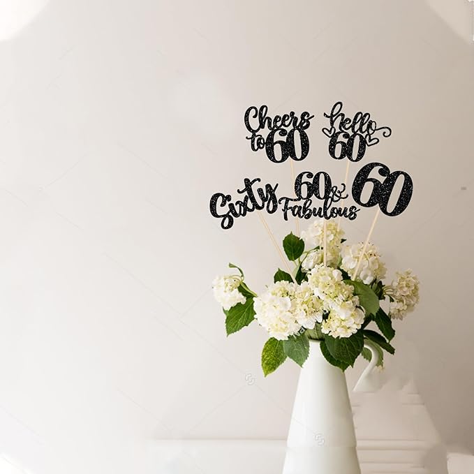 15PCS Happy 60th Birthday Centerpiece Sticks Hello 60 Cheers to 60 Birthday Table Flower Centerpieces Sticks Sixty 60 Fabulous Floral Decorations for 60th Birthday Party Centerpieces Supplies Black