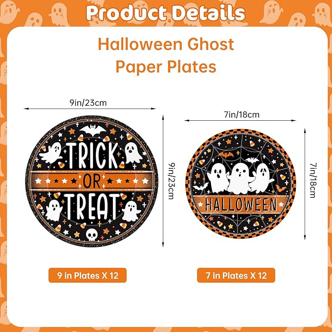 24 Pcs Happy Halloween Paper Plates Set - Cute Ghost Round Plate, Disposable Trick or Treat Dinner Dessert Plates Tableware Kit for Halloween Party Decorations Supplies Table Decor, Black Orange