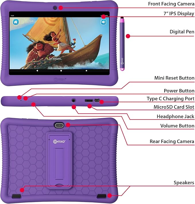 Contixo K102 10" Android Tablet and KW1 Kids Smartwatch - 32GB, Includes 80+ Disney Storybooks, Educational Watch with Games, Camera, Music Player, Alarm, Customizable Wallpaper, Purple