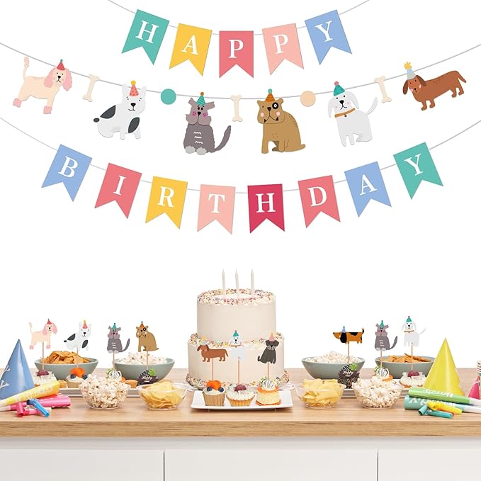 51 Pcs Dog Themed Birthday Party Supplies Set Happy Birthday Banner Cute Dog Face Cupcake Toppers Banner Backdrop Cake Toppers Colorful Decorations for Doggie Lover Puppy Themed Baby Shower