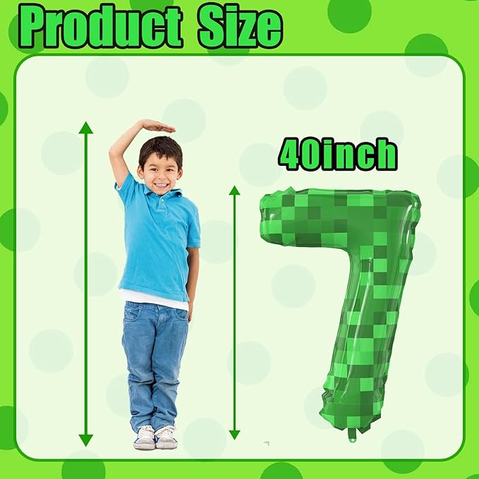 40 Inch Green Pixel Miner Theme Number Balloons Large Birthday Party Number Balloons Mining Gaming for Kids Birthday Party Decoration Supplies (Number 7)