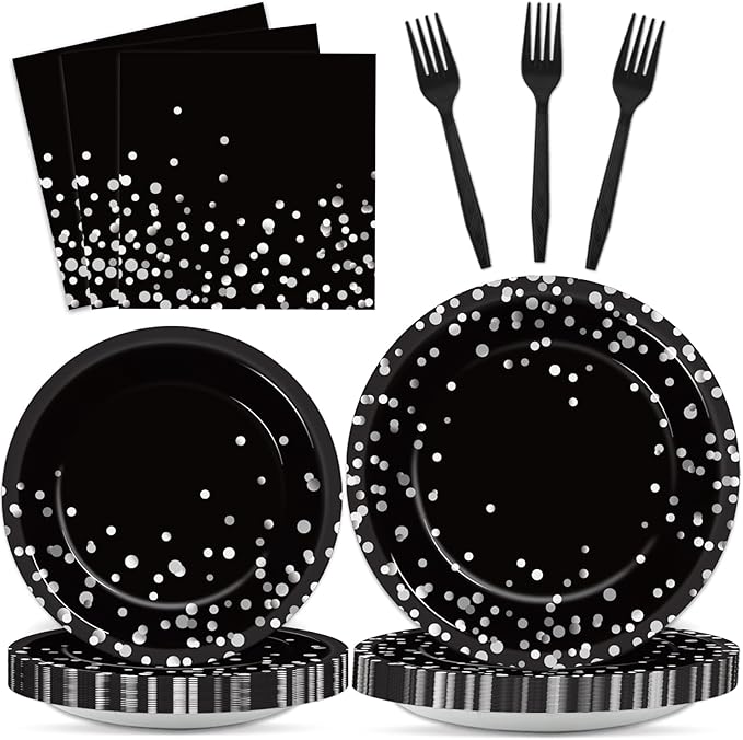 gisgfim 96 Pcs Black and Silver Party Supplies Paper Plates Napkins Silver Dot on Black Party Birthday Tableware Kit Black and White Birthday Decorations Favors Serves 24, MM1220