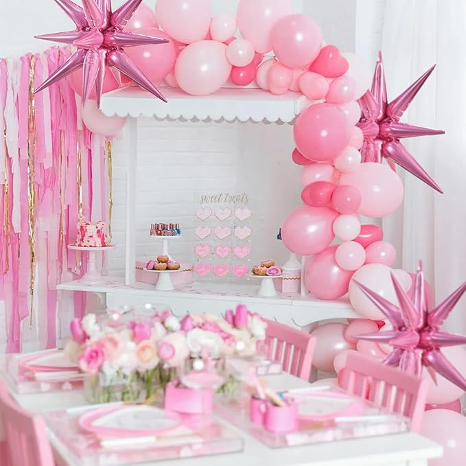 TONIFUL 4 Pcs 22inch 4D Pink Explosion Star Foil Balloons 14Point Light Pink Star Mylar Balloons for Party Backdrop Christmas New Year Birthday Wedding Baby Shower Anniversary Photo Booth Supplies