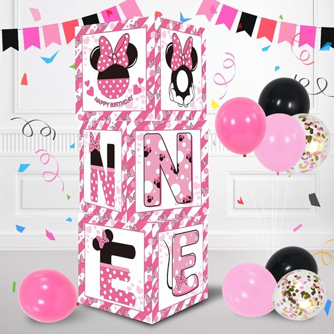 TONIFUL Pink Mouse 1st Birthday Party Supplies Pink Balloon Box with Letters, Mouse Theme One Year Old Birthday Party Favors for Girls Baby Shower B-Day Decoration