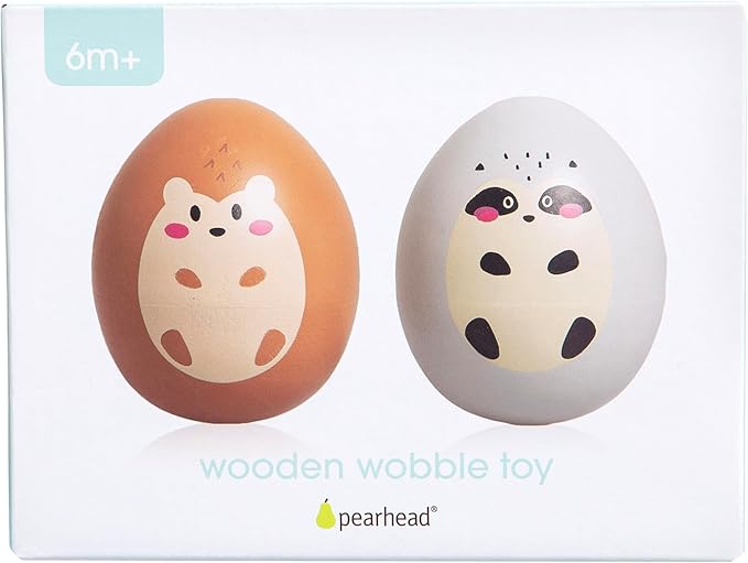 Pearhead Easter Wooden Wobble Toy Set – Raccoon & Hedgehog Montessori Egg Balance Toys for Babies 6+ Months, FSC Certified Sensory Tummy Time Toy, Easter Basket Gift