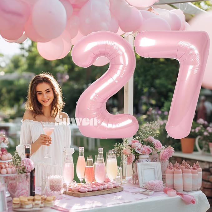 SUWEN 40 Inch Large Pink 27 Balloon Numbers Big Foil Helium Number Balloons 0-9 Jumbo Happy 27th Mylar Birthday Party Decorations for Women 72 Anniversary Party Supplies