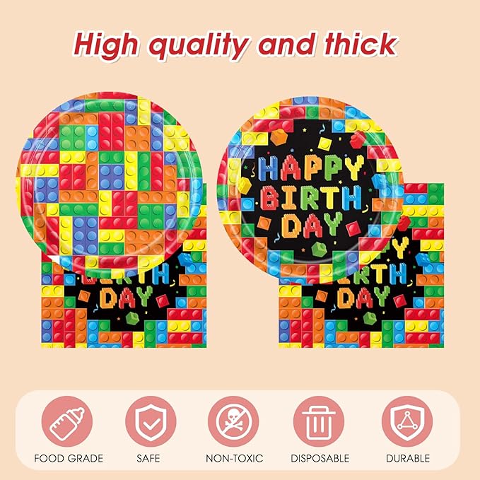41 PCS Building Block Party Supplies,Colorful Paper Plates and Napkins with Building Block Disposable Plastic Table Cover for Happy Building Blocks Themed Birthday,Building Blocks Party ,Serves 20