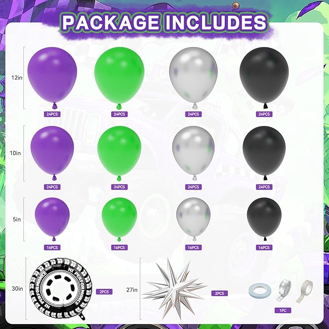 99 Pcs Monster Truck Birthday Party Decorations Set with Purple and Green Black Balloon Garland Arch Kit with Star & Wheels Checkered Balloons, Backdrop, Tablecloth, Grave Digger Party Supplies