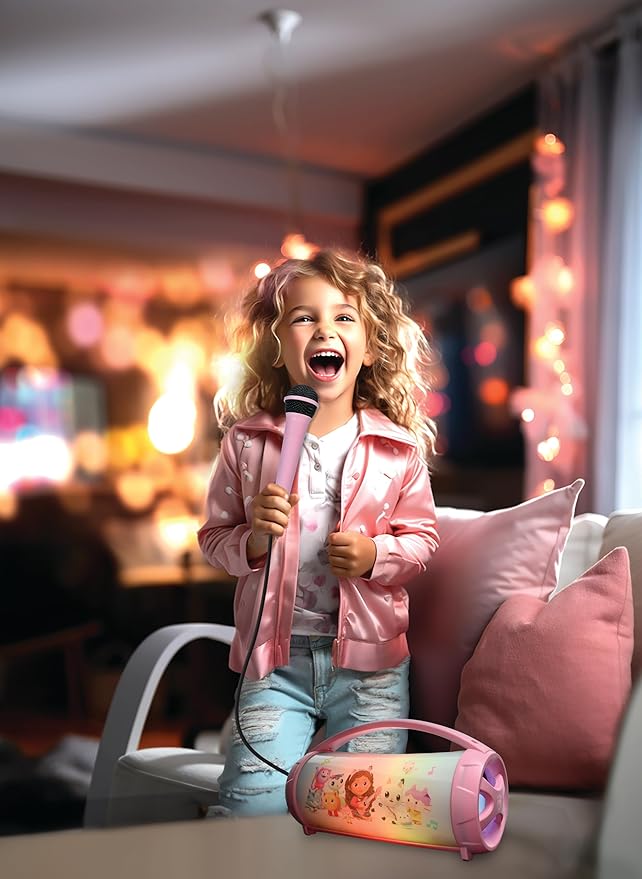 Lexibook, Gabby's Dollhouse, Wireless Light Speaker with Mic, Stereo Audio, Karaoke Function, USB and SD Card Ports, Rechargeable Battery, Handle to Take Everywhere, Pink, BTP585GDHZ