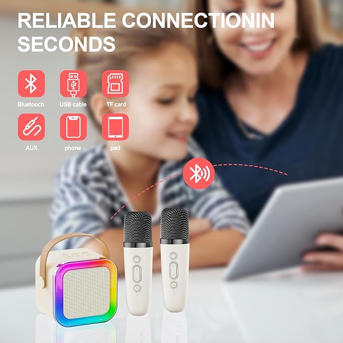 Mini Karaoke Machine for Kids & Girls with 1 Wireless Microphone, Portable Bluetooth Speaker, Christmas Birthday Gift Toy for Boys Toddlers Ages 3, 4, 5, 6, 7, 8, 9, 10, 11, 12+ Years Old (Cream - 1)