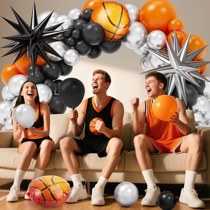 Basketball Balloon Garland Arch Kit, 97Pcs 18 10 5 inch Black Orange Basketball Balloons with 18inch Foil Balloons for Sports Theme Basketballs Party Boys Birthday Decorations