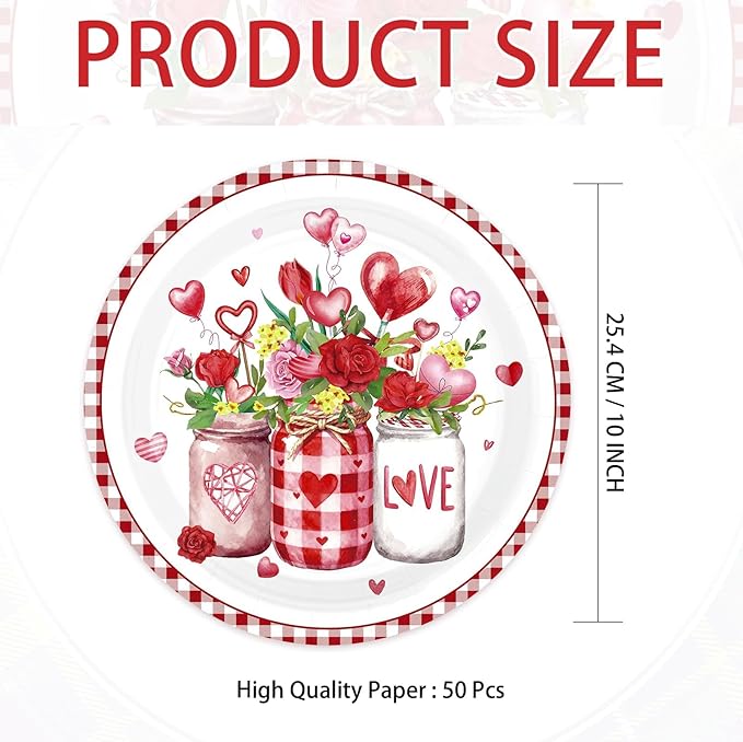 50 Pcs Valentine's Day Paper Plates 10" Hot Heart Vase Dessert Plates Disposable Red Heart Party Supplies for Valentines Day Wedding Anniversary Engagement Party Decorations