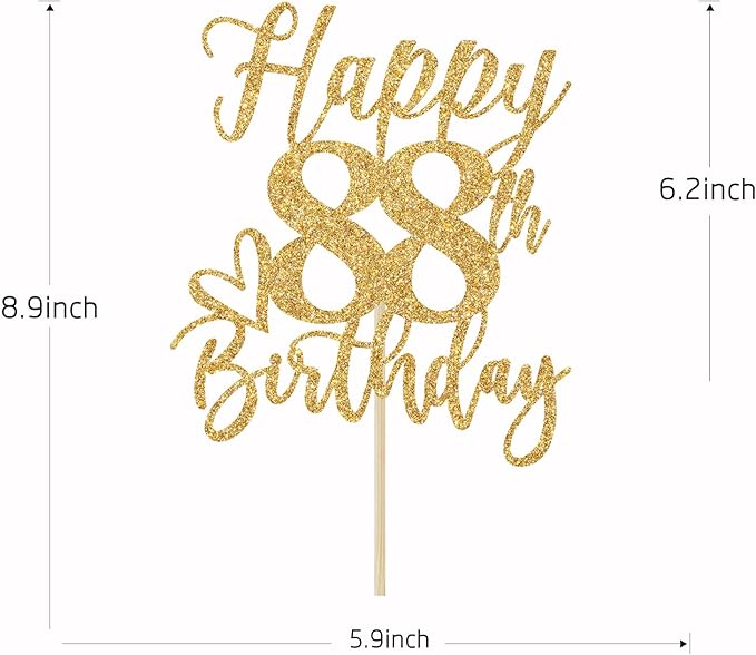 Happy 88th Birthday Cake Topper, 88th Birthday Decorations for Men/Women, Cheers to 88 Years, Hello 88, 88th Happy Birthday Party Supplies Gold Glitter