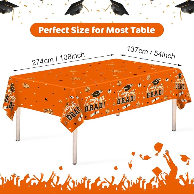 3 Pcs Graduation Tablecloth - Congrats Grad Table Cloth for Class of 2026, Disposable Plastic Rectangle Grad Table Cover for Graduation Party Decorations 2026 and Party Supplies, 54 x 108 Inch,Orange