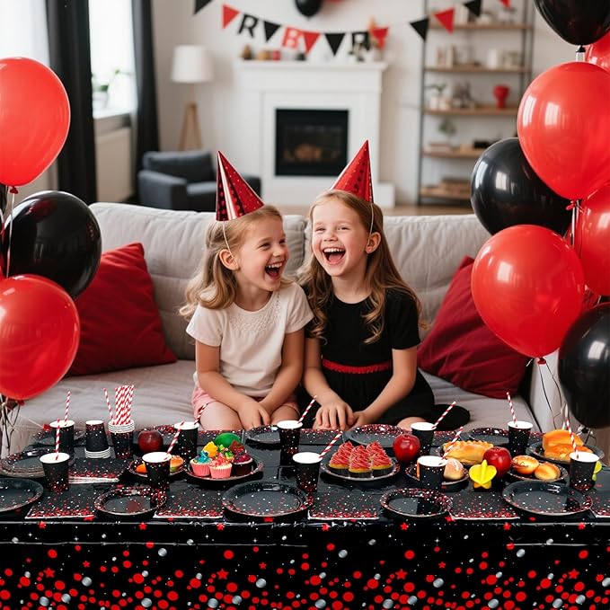 KEFAN Red Black Birthday Party Decorations, Red Black Theme Party Tableware Supplies including Plates, Cups, Napkins, Tablecloth (40)