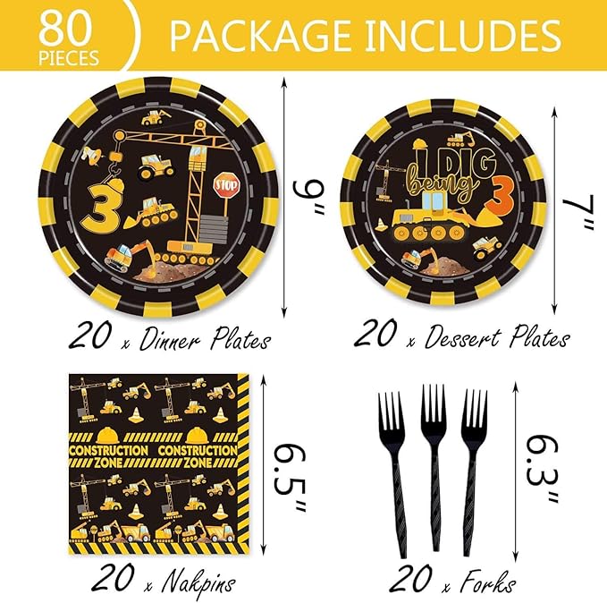 132 Pcs Construction 3rd Birthday Party Supplies Dump Truck Theme Three Tableware Includes Hanging Swirl, Banner, Plates, Cups, Tablecloth for Boys Construction Three Years Old Bday Party Decorations