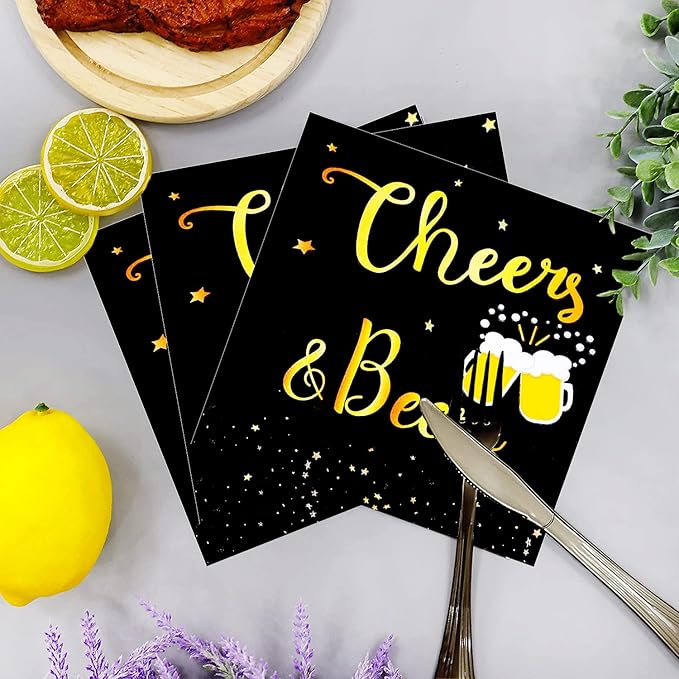 40 Pcs Cheers & Beers Napkins Cheers Beer Party Supplies Disposable Cocktail Napkins Black and Gold Foil Paper Napkins for 30th 40th 50th 60th 70th 80th 90th Birthday Wedding Anniversary Decoration