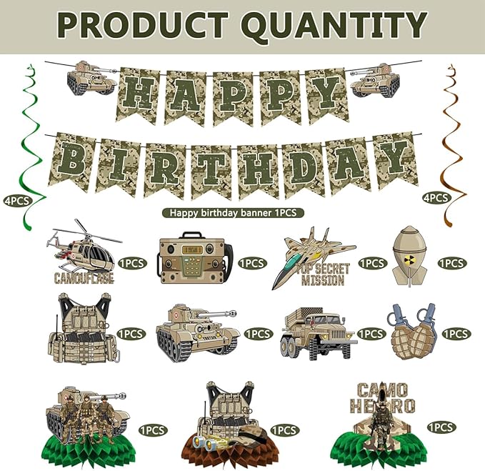 Army Birthday Party Decorations Include Camo Happy Birthday Banners Hanging Swirls Honeycomb Centerpieces Military Birthday Theme Party Supplies