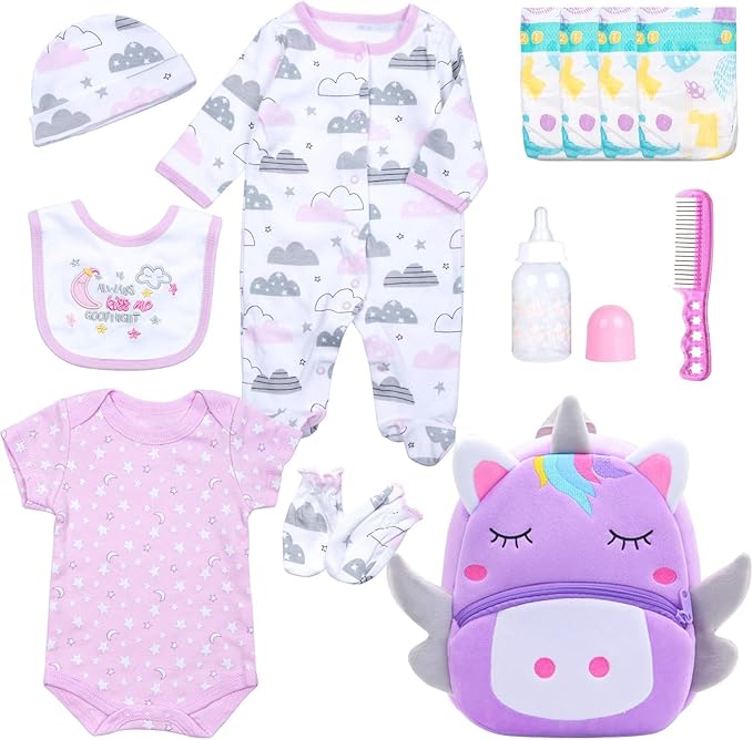 12 Pcs Reborn Baby Doll Clothes for 18-22 Inch Reborn Dolls Clothes Accessories Purple Big Backpack+Diapers +Bottle
