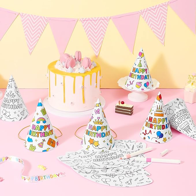 WERNNSAI Birthday Party Hats - 12 Pcs Birthday Party Supplies Cone Hat Headbands Colorful Paper Party Hats for Kids