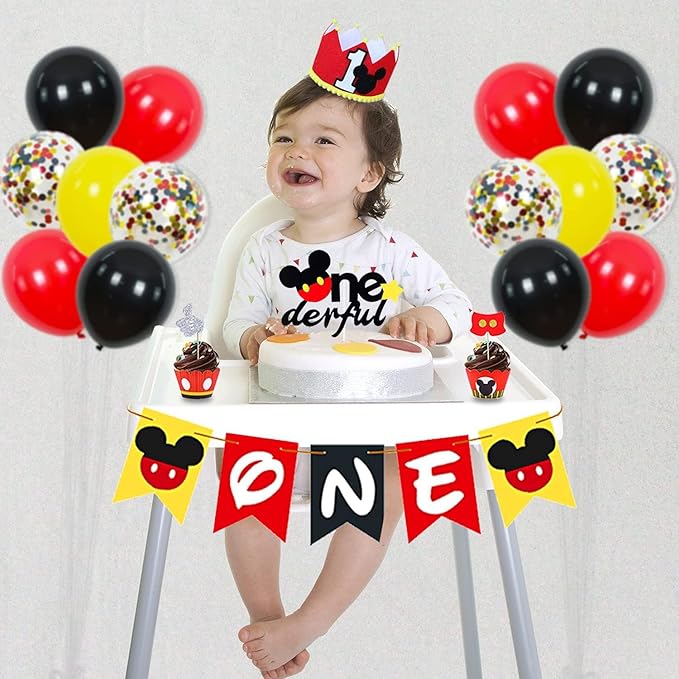1st Mouse Birthday Party Supplies Decorations 58Pcs Happy Birthday ONE Banner Tablecloth 1 Foil Balloon Hat Door Sign Cupcake Topper Video Game Party Decorations for Boys Girls Kids Babies