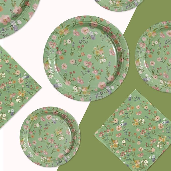 200 Pcs WildFlower Plates and Napkins Green Vintage WildFloral Party Supplies Greenery Disposable Flower Theme Tableware Set for Spring Wedding Birthday Tea Party Decorations Serves 50