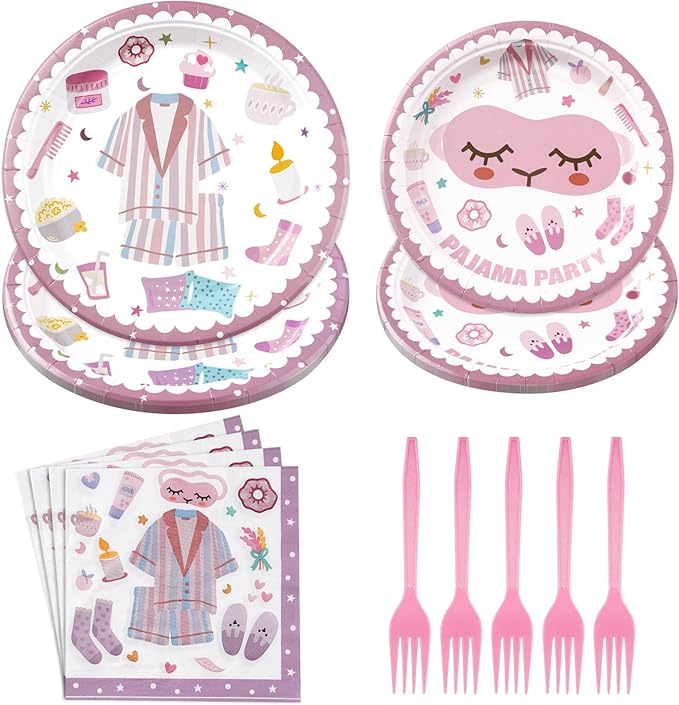 96Pcs Pajama Party Decorations Supplies Sleepover Party Supplies For Girls Pajama Plates Napkins Forks Tableware Set for Slumber Party Spa Party Girls Birthday Party Bachelorette Party, Serves 24