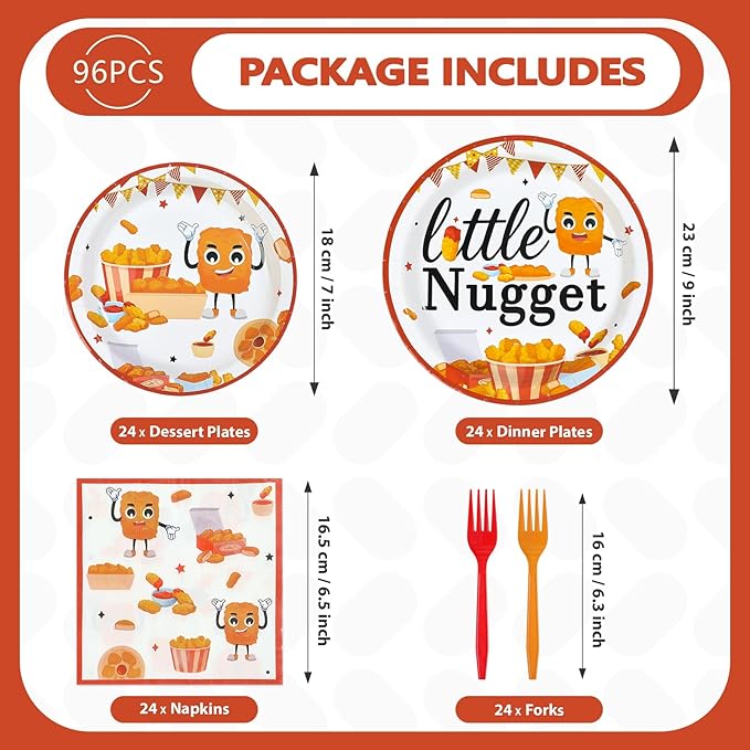 96Pcs Chicken Nugget Themed Party Decoration Chicken Nugget Plates and Napkins Fast Food Fried Chick Tableware Set for Baby Shower Boy Girl birthday Party Supplies, Serves 24